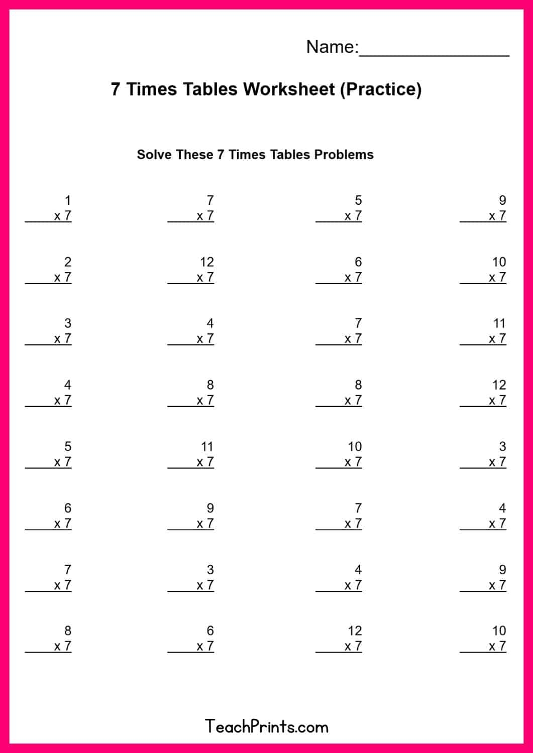 Free Seven Times Tables Worksheets 8 Versions Teach Prints