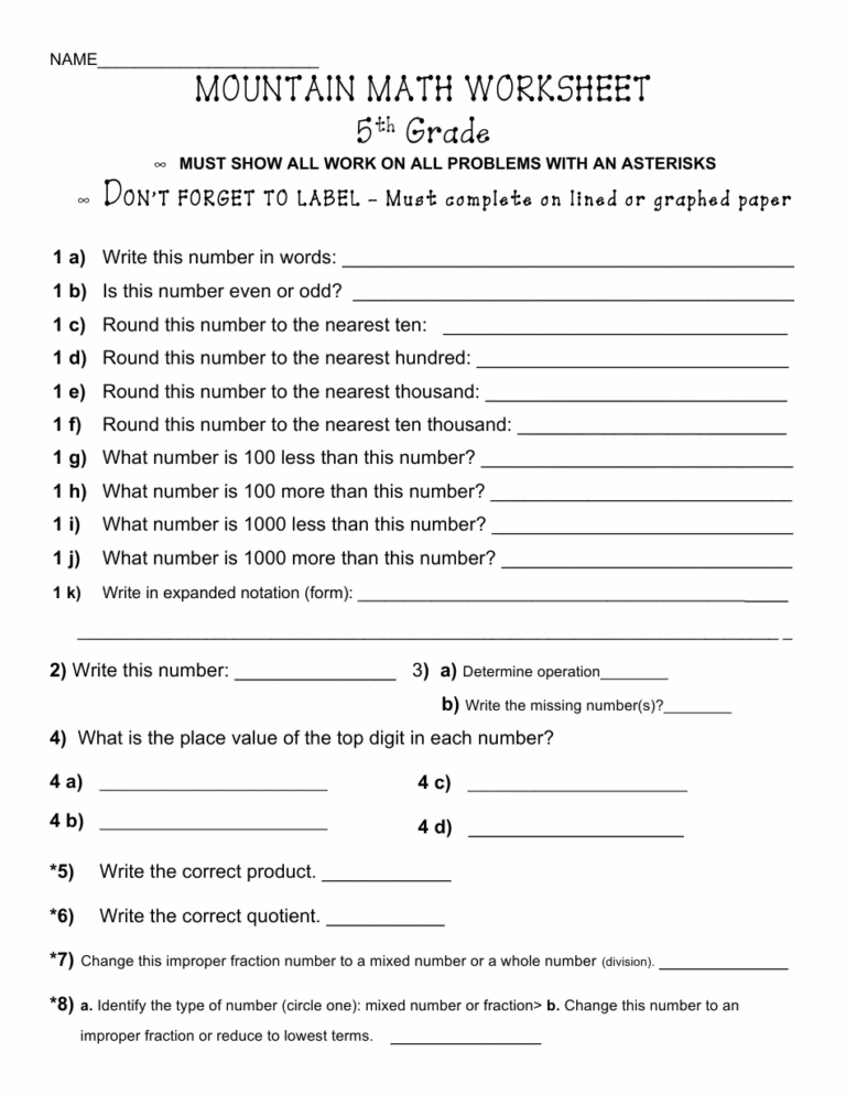 Mountain Math Worksheet 5th Grade Download Printable PDF Templateroller